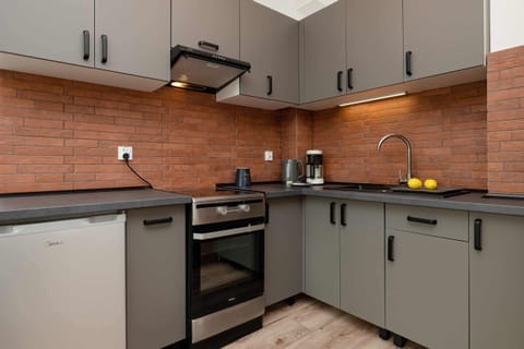 A compact, modern kitchen featuring gray cabinets, a red brick backsplash, and black countertops.