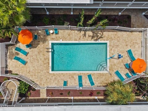 Bird's-eye view of our tropical pool courtyard, with loungers, umbrellas, and sparkling blue water — a perfect spot to soak up the Florida sun just steps from the beach.