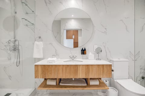 Designer toiletries, hair dryer, towels