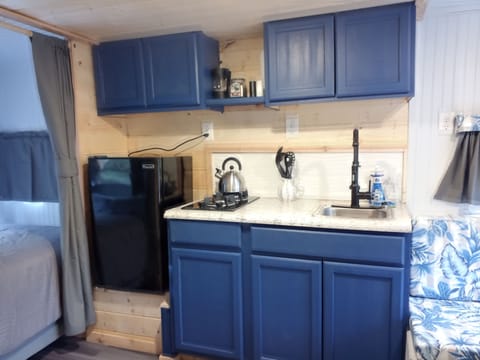 mini fridge, two burner propane cooktop, french press for coffee and small sink