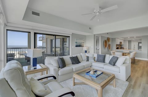 Living area with a beach view.