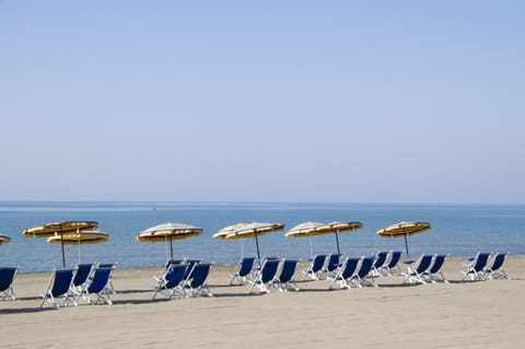 Private beach, sun loungers, beach umbrellas, water skiing