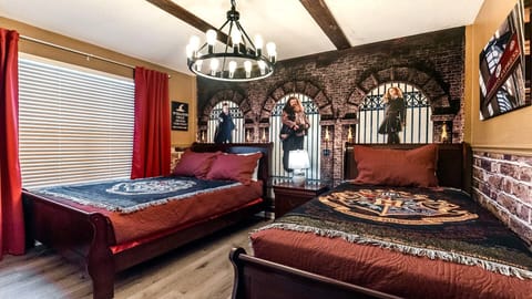 Kids will love the upstairs bedroom with a cool Harry Potter theme
