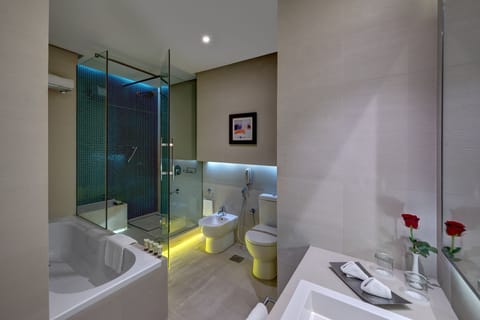 Combined shower/tub, free toiletries, hair dryer, bathrobes