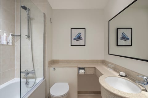 Combined shower/tub, eco-friendly toiletries, hair dryer, towels