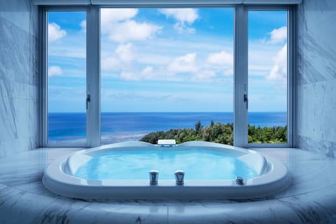 Separate tub and shower, deep soaking tub, rainfall showerhead