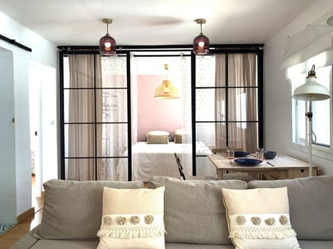 Well-lit living room, with sofa bed, air conditioner and connection to the bedroom