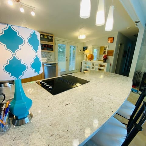 Granite island w electric cook-top, has a down draft vent to outside 