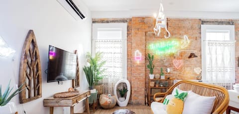 Vibrant living space with neon accents