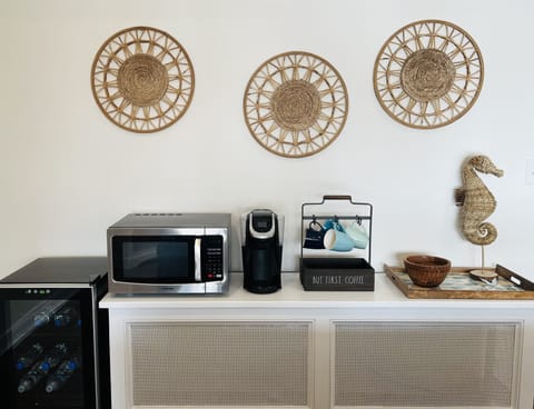 Downstairs beverage station (mini fridge and coffee maker) and microwave