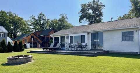Lakeside fire pit and lawn.