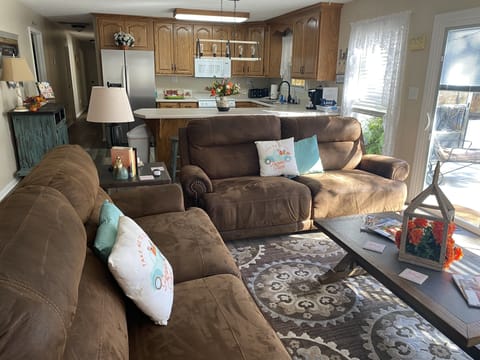 Living room view into kitchen