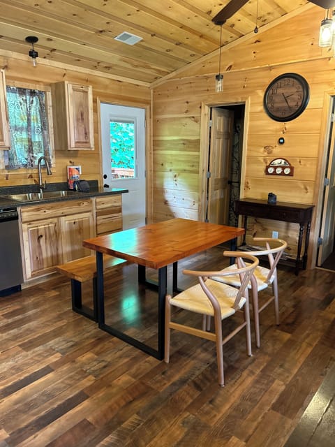 Seating for 4 at beautiful wood table, bench and chairs! 