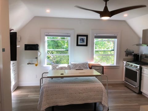 Lots of natural light. Movable bed frame