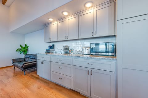 Plenty of counter space for food prep. Sleep sofa for chatting with the chef.