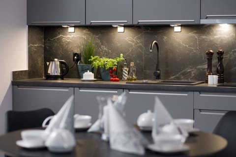 Mini-fridge, stovetop, dishwasher, cookware/dishes/utensils