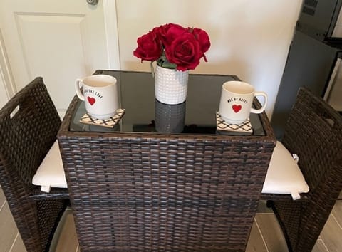 Bistro table and 2 chairs; laptop friendly