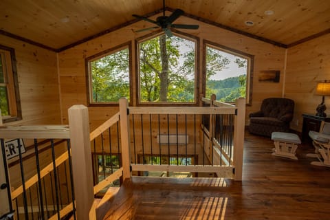 Loft overlooking river and view of mountains
