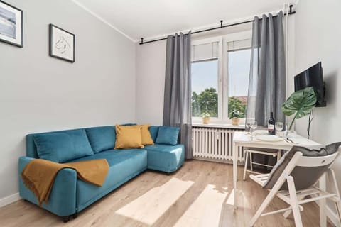 Living area with a comfortable sofa and TV. 
