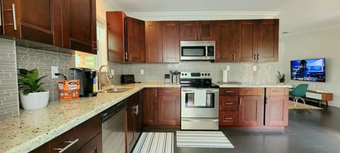 Renovated kitchen with countertop prep space and appliances