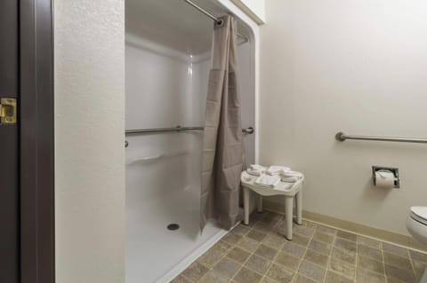 Combined shower/tub, towels, soap, shampoo