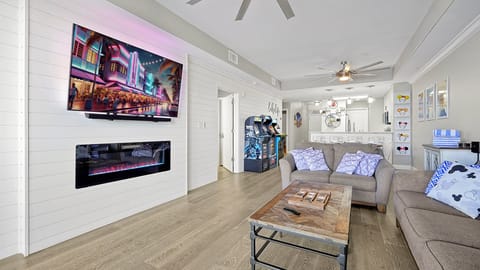 Samsung Smart TV with Harmon Kardon surround sound & fireplace. Pottery Barn 