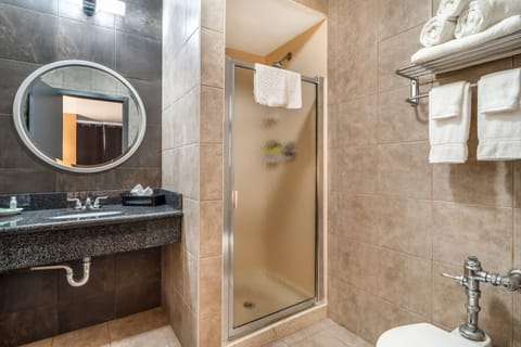 Shower, free toiletries, hair dryer, towels