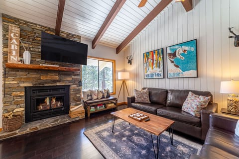 Living room with large TV and wood burning fireplace