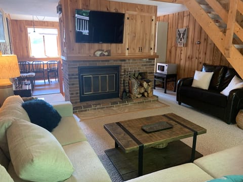 Comfortable living room; kitchen area past fireplace