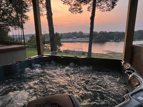 View from large hot tub with light.