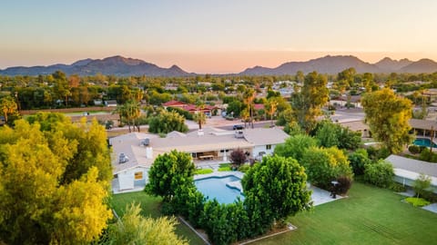 Birds eye view of the grand & grassy backyard surrounded by trees