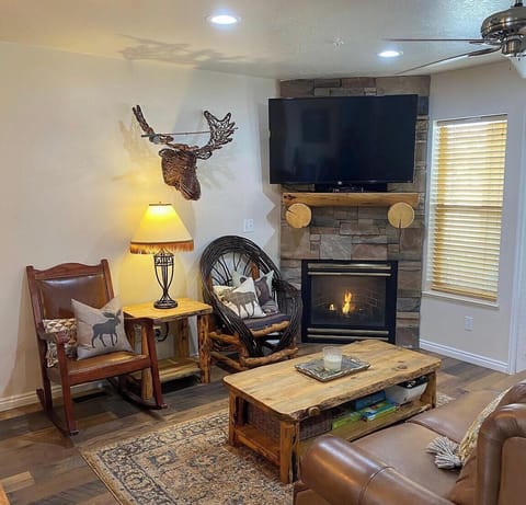 Living room with easy use gas fire place,  and large Smart TV