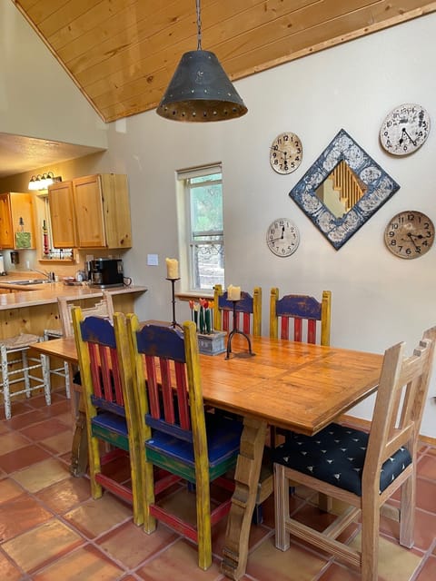 Dining table and barstools.