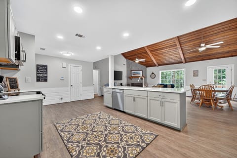 First floor has an open kitchen/dining/living area