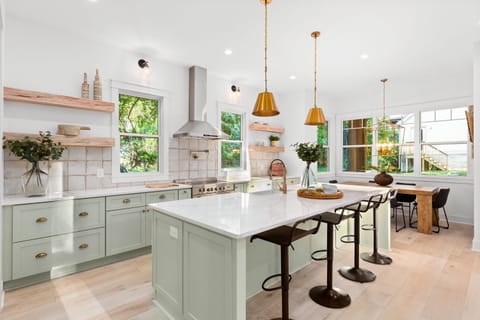 Spacious modern kitchen, lots of light. Please note:  decorations may change