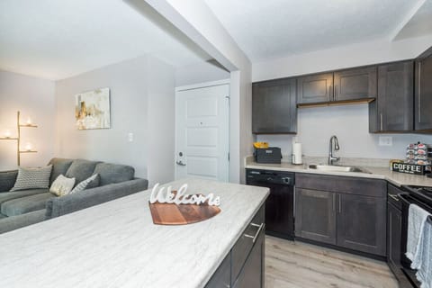 Kitchen area features a dedicated island