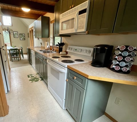 cute, green, galley style kitchen