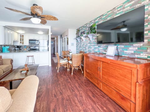 Living area features a flat screen TV and ceiling fan