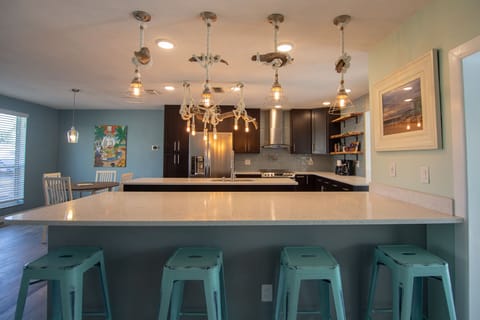 Large chef's kitchen with themed driftwood lighting.