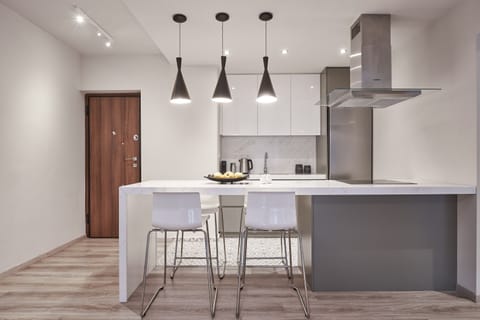 Luxury Apartment | Private kitchen | Fridge, stovetop, highchair, cookware/dishes/utensils