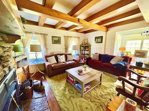 Cozy living room with wood fireplace and plenty of games, movies and books.