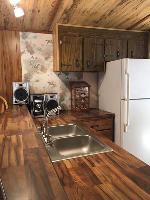 Full size refrigerator/freezer. Double sink and plenty of counter space. Boombox