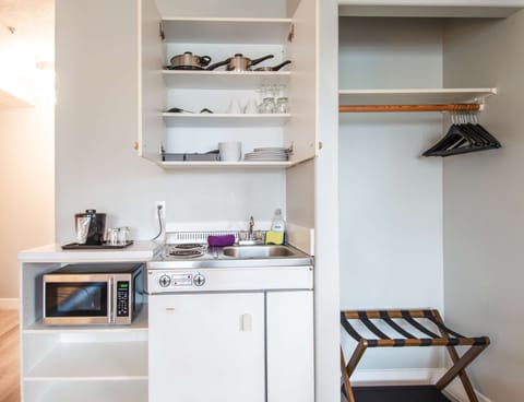 Fridge, microwave, coffee/tea maker, dining tables