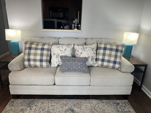 New couch and sleeper. Lines and pillows in the walk-in closet in room. 