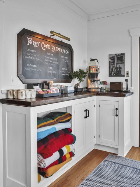 Fully stocked coffee/hot chocolate bar and wool blankets for use indoors and out