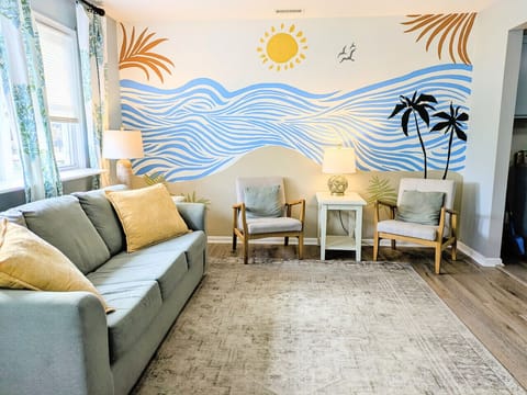 The living room is bright and cheery.
