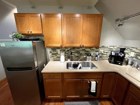 Fully stocked kitchen *No oven * in rental  Grill stove top microwave and toaster oven 