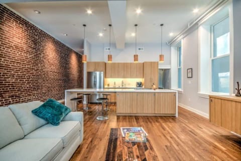 Family room with view of kitchen