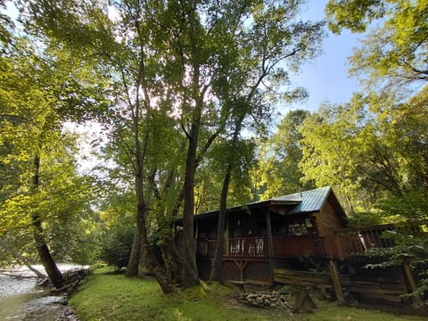 Exterior view of the log cabin surrounded by mature trees and wooded privacy in Bryson City, NC. The natural setting highlights the secluded Smoky Mountain retreat atmosphere.