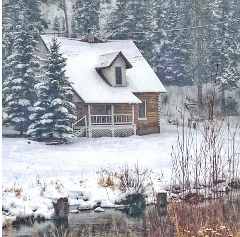 Snow covered cabin.